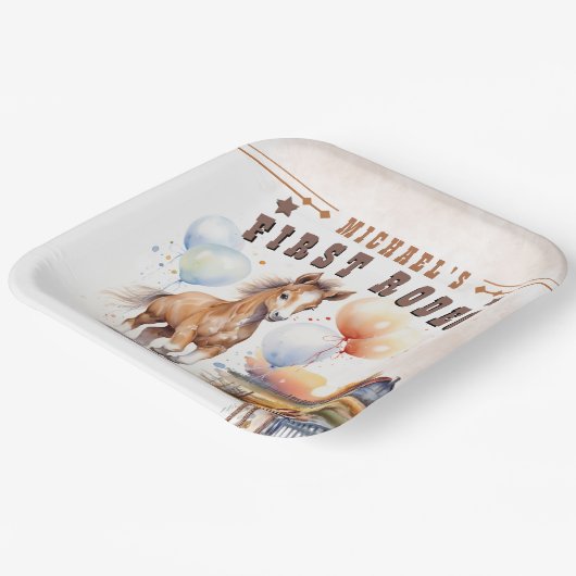 Erste RODEO | Wild West Cowboy 1st Birthday Boy Pappteller (Gewinkelt)