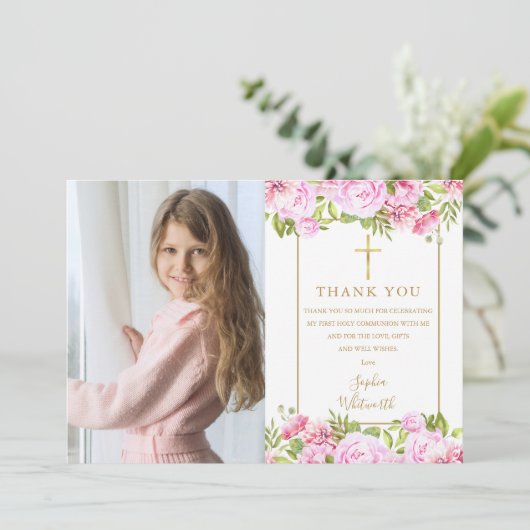 Erste Rose der Heiligen Kommune Blumenbeete Foto Dankeskarte (Stehend Vorderseite)