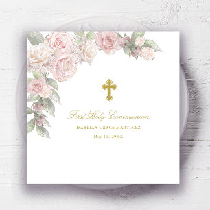 Erste Rose der heiligen Kommunion Floral Cocktail Serviette