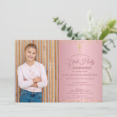 Erste Rose der heiligen Kommunion Gold Hearts Foto Einladung (Stehend Vorderseite)