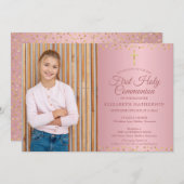 Erste Rose der heiligen Kommunion Gold Hearts Foto Einladung (Vorne/Hinten)