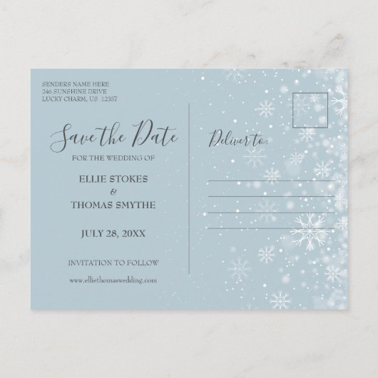 Erste Schneeflocken Save the Date Karte (Rückseite)