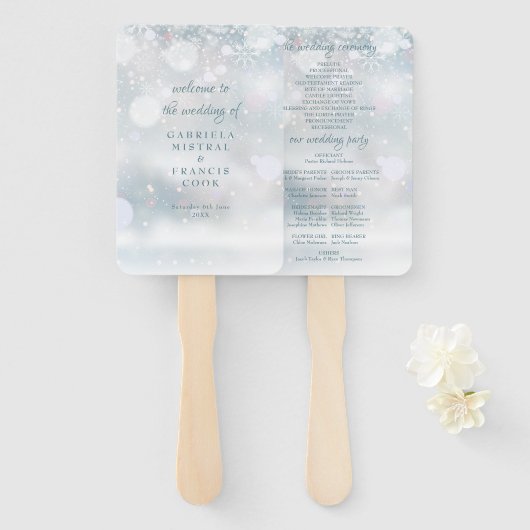 Erste Schneeflocken Winter Hochzeit Programm Hand Fächer (Vorne und Hinten)