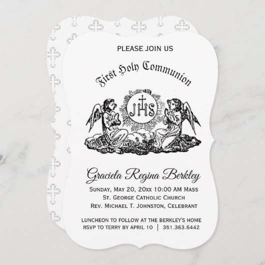 Erste Schwarz-weiße Einladungen des Heiligen Kommu (Vorne/Hinten)