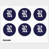 Erste Siegel "R" für Navy Blue & White Monogram Runder Aufkleber (Blatt)