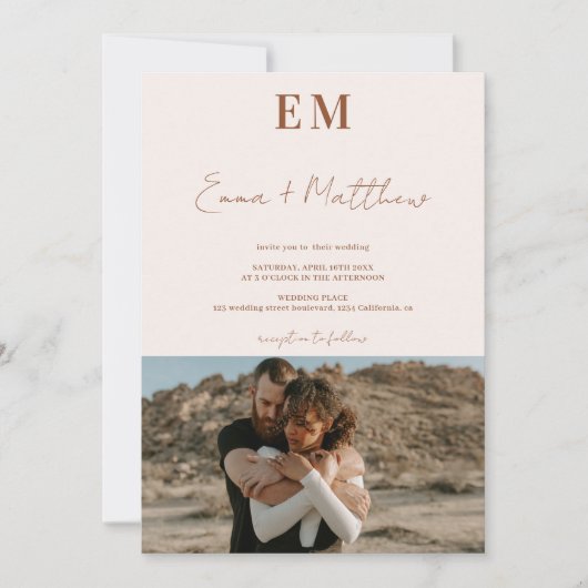 Erste Terracotta beige 2 Foto qr Hochzeit Einladung (Vorderseite)