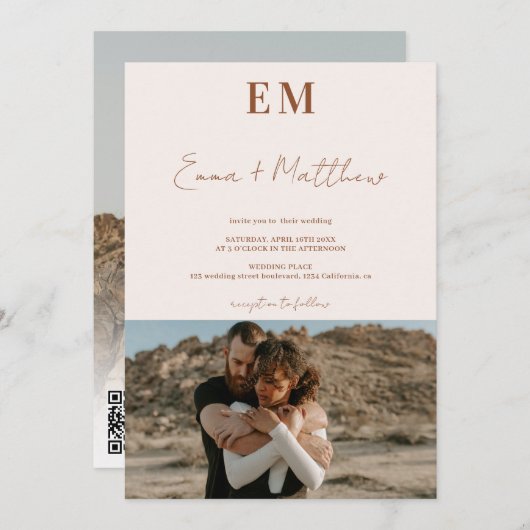 Erste Terracotta beige 2 Foto qr Hochzeit Einladung (Vorne/Hinten)