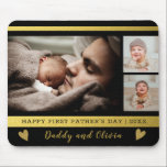 Erste Vatertag 3 Foto Collage Schwarz und Gold Mousepad<br><div class="desc">Ein unvergessliches Geschenk des 1. Vaters für den neuen Papa,  personalisiert mit Papa und Fotos.</div>