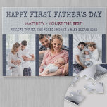 Erste Vatertag benutzerdefinierte Meldung und 3 Fo Puzzle<br><div class="desc">Sagen Sie "Happy First Vatertag" mit einem maßgeschneiderten Foto-Puzzle. Die Vorlage ist für das Set bereit, um 3 Ihrer Lieblings-Fotos, Namen(s), benutzerdefinierte Nachricht hinzufügen und Sie bearbeiten die Gelegenheit auch, wenn Sie möchten. Das Puzzle hat eine Farbpalette aus tiefblau, bordeauxrot und grau. Vertikal, portrait Fotos werden am einfachsten zu bedienen...</div>
