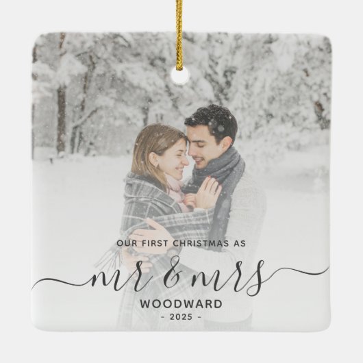Erste Verheiratete Weihnachts Custom Foto Grau Scr Keramikornament (Rückseite)