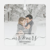 Erste Verheiratete Weihnachts Custom Foto Grau Scr Ornament Aus Metall (Vorderseite)