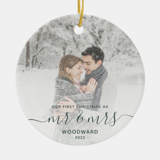 Erste Verheiratete Weihnachts Custom Foto Green Sc Keramik Ornament (Vorne)