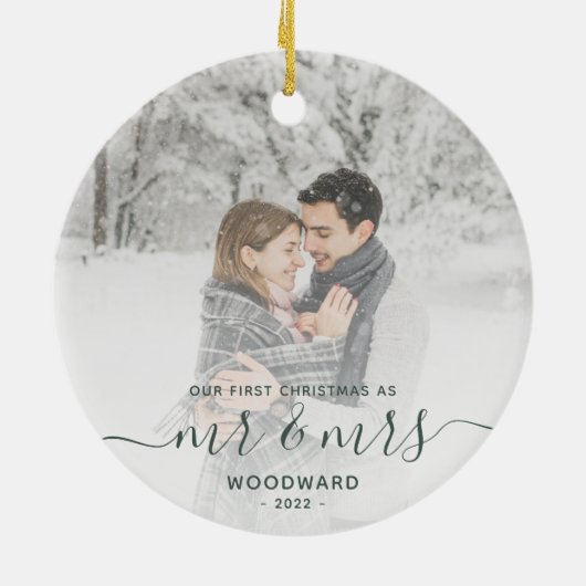 Erste Verheiratete Weihnachts Custom Foto Green Sc Keramik Ornament (Hinten)