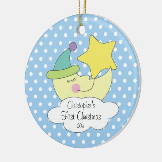 Erste Verzierung des blauer Mond-Babys Weihnachts Keramikornament (Links)