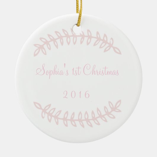 Erste Verzierung des rosa Grenzbabys Weihnachts Keramikornament (Vorne)