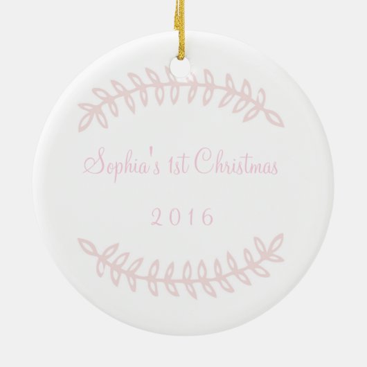 Erste Verzierung des rosa Grenzbabys Weihnachts Keramikornament (Hinten)
