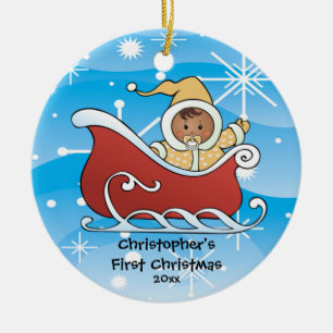 Erste Verzierung des Schnee-Pferdeschlitten-Babys Keramikornament