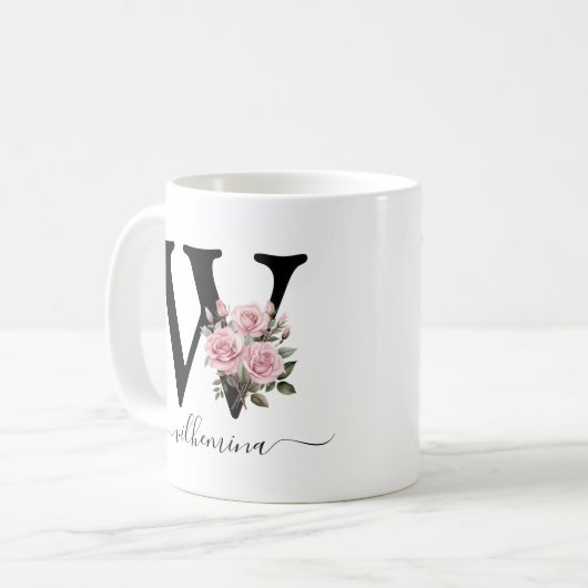 Erste W-Monogramm-Blume Rosa Rosen Tasse (Vorderseite Links)