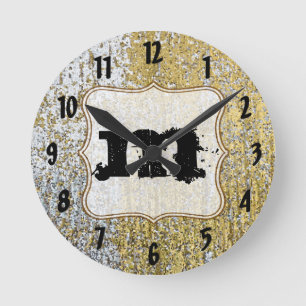 Erste Wand-Uhr für Gold und Silber-Grunge Monogram Runde Wanduhr