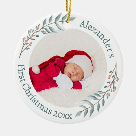 Erste Weihnachten 2 Fotos Grüne & Berries Kranz Keramik Ornament (Vorne)