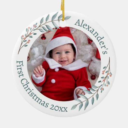 Erste Weihnachten 2 Fotos Grüne & Berries Kranz Keramik Ornament (Hinten)