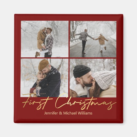 Erste Weihnachten, 4 Fotos Collage Gold Rot Hochze Magnet (Vorne)