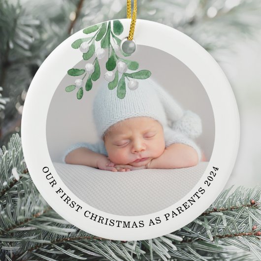 Erste Weihnachten als Eltern Foto Aquarell Keramik Ornament