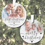 Erste Weihnachten als Eltern Neues Baby 2 Foto Ornament<br><div class="desc">Erste Weihnachten als Eltern New Baby 2 Foto Ornament. Feiern Sie die Freude an Ihrer ersten Urlaubssaison als neue Eltern mit diesem eleganten, maßgeschneiderten Ornament. An der Vorderseite steht ein hochgeschätztes Foto Ihres Babys oder ein süßer Moment der Eltern mit ihrem Neugeborenen, wunderschön mit der Phrase "First Christmas As Parents"...</div>