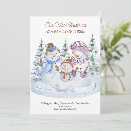Erste Weihnachten als Familie von 3 Merry Snowmen Ankündigung (Stehend Vorderseite)