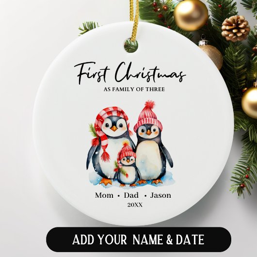 Erste Weihnachten als Familie von drei Pinguinen Keramik Ornament