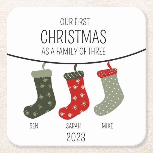 Erste Weihnachten als Familie von drei Rechteckiger Pappuntersetzer (Vorderseite)