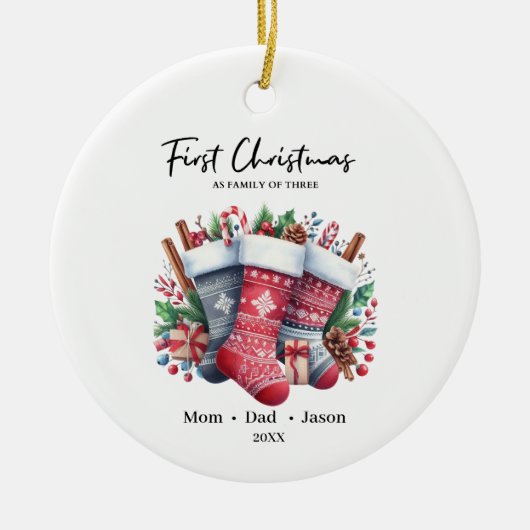 Erste Weihnachten als Familie von drei Strümpfen Keramik Ornament (Vorne)
