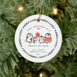 Erste Weihnachten als Familie von vier Pinguinen Keramik Ornament