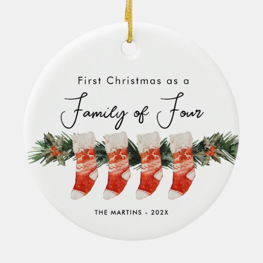 Erste Weihnachten als Familie von vier Strümpfen Keramik Ornament (Hinten)
