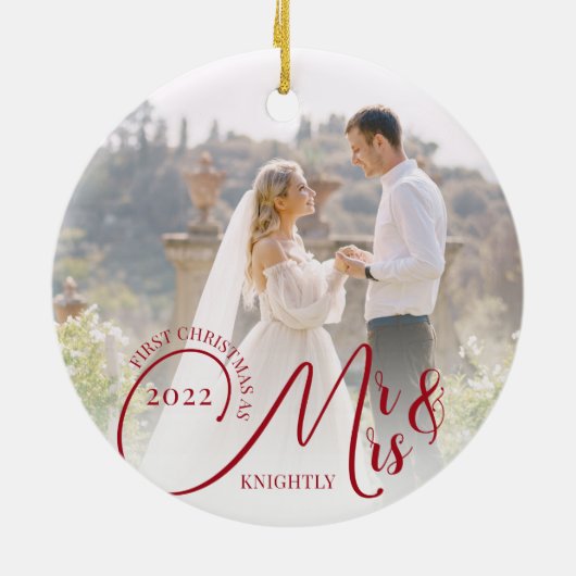 Erste Weihnachten als Foto von Herrn und Frau 2 Keramik Ornament (Hinten)