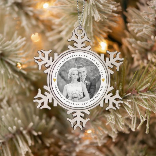 Erste Weihnachten als Foto von Mr. und Mrs. Schneeflocken Zinn-Ornament (Baum)