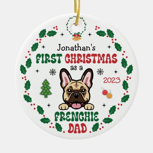 Erste Weihnachten als französischer Bulldoggen-Vat Keramik Ornament (Vorne)