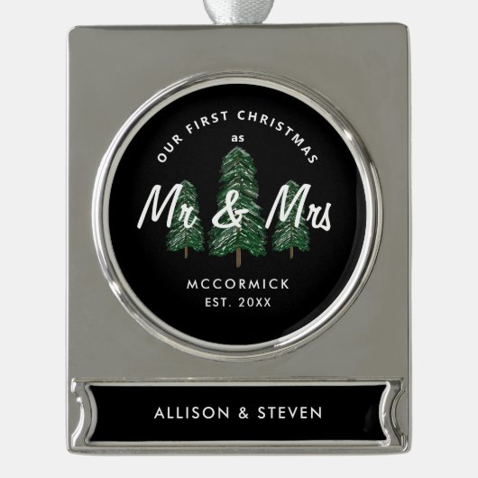 Erste Weihnachten als Frau Elegant Newlyweds Custo Banner-Ornament Silber (Vorderseite)