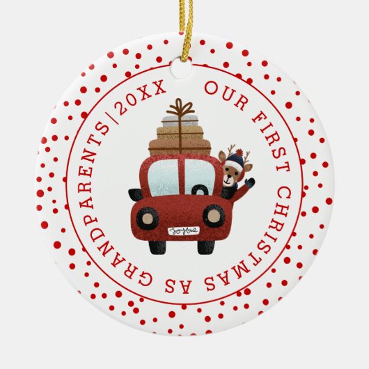 Erste Weihnachten als Großeltern Auto und rotes Fo Keramik Ornament (Vorne)