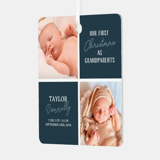 Erste Weihnachten als Großeltern Foto Blue Ornament Aus Metall (Vorderseite links)