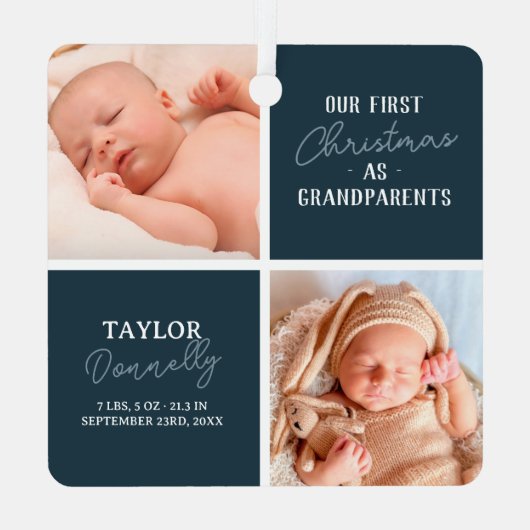 Erste Weihnachten als Großeltern Foto Blue Ornament Aus Metall (Rückseite)