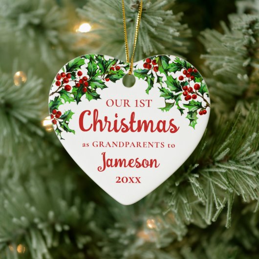 Erste Weihnachten als Großeltern Holly Heart Foto Keramik Ornament (Baum)