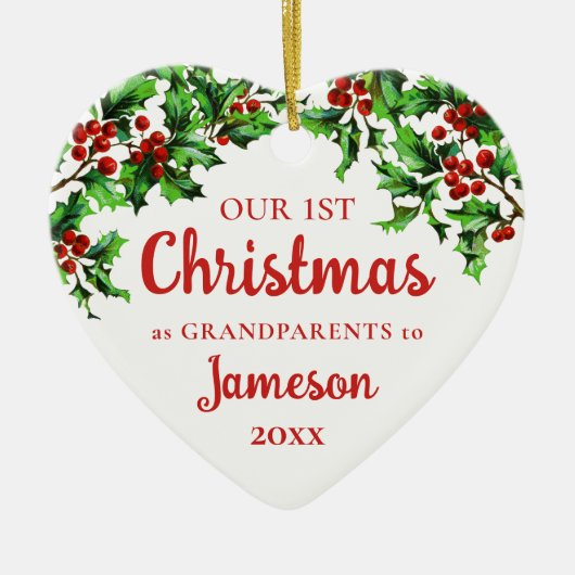 Erste Weihnachten als Großeltern Holly Heart Keramik Ornament (Vorne)