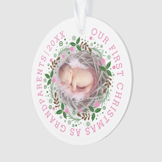 Erste Weihnachten als Großeltern in rosa Foto Ornament (Vorderseite)
