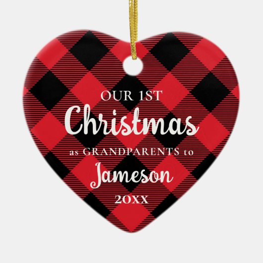 Erste Weihnachten als Großeltern Kariertes Herz Keramik Ornament (Vorne)