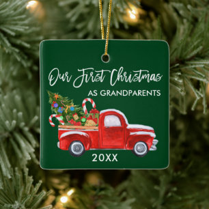 Erste Weihnachten als Großeltern Truck Tree Green Keramikornament