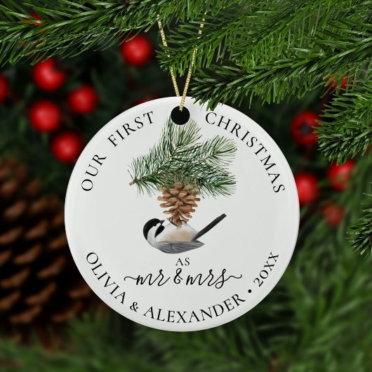 Erste Weihnachten als Herr & Frau Chickadee auf Pi Keramik Ornament