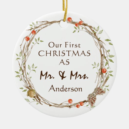 Erste Weihnachten als Herr & Frau Wreath Keramik Ornament (Vorne)