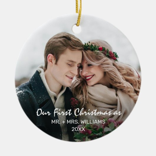 Erste Weihnachten als Herr & Mrs. Foto Keramik Ornament (Vorne)