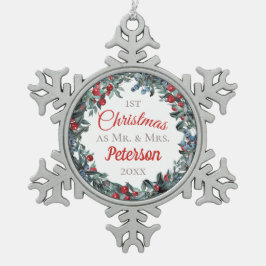 Erste Weihnachten als Herr und Frau Berries Wreath Schneeflocken Zinn-Ornament